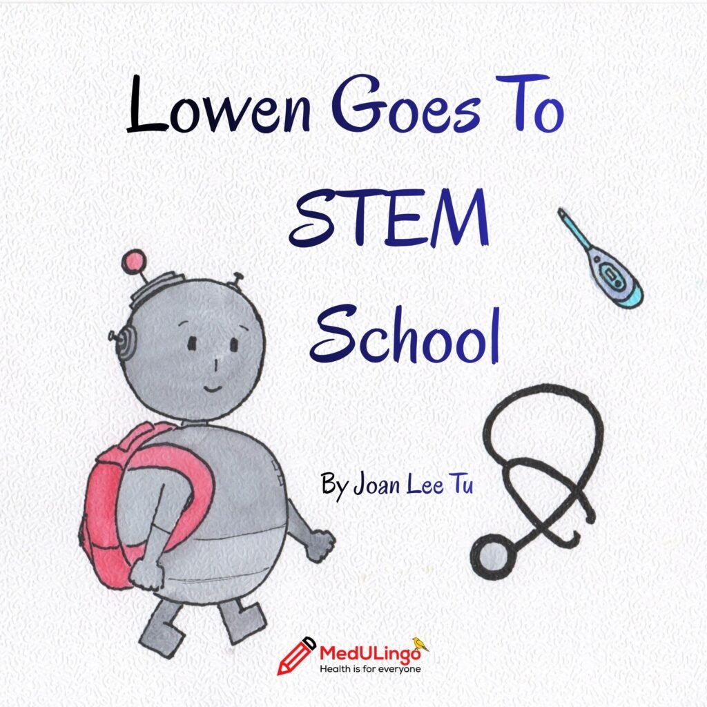 a robot with a red backpack walking, a stethoscope and thermometer in the background